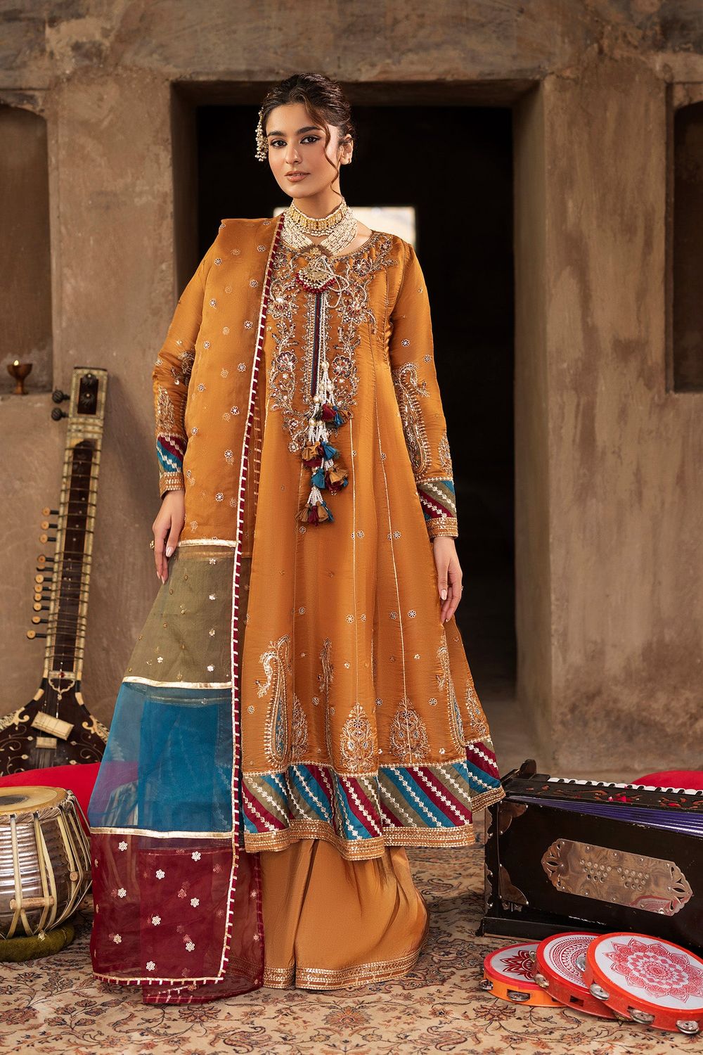 Mustard Silk Embellished Pishwas Frock Online in Dubai UAE Abudhabi Ajman Sharjah