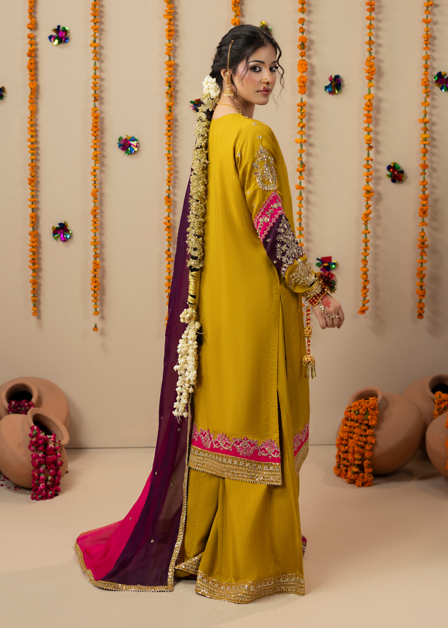 Mustard Silk Embroidered Formal Wear Suit Online in Dubai DXB UAE Abudhabi Meena Bazaar