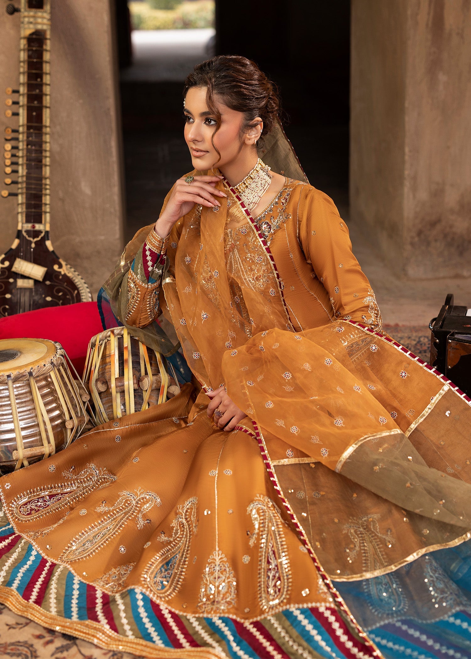 Mustard Silk Embroidered Pishwas Frock with Dupatta Online in Dubai UAE Abudhabi Ajman Sharjah