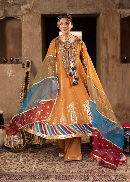 Mustard Silk Flared Pishwas with Heavy Embroidery Online in Sri Lanka India Australia