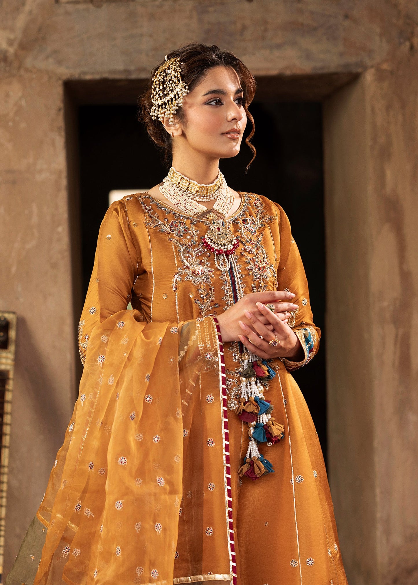 Mustard Silk Pishwas Frock with Organza Dupatta Online in Dubai UAE Abudhabi Ajman Sharjah