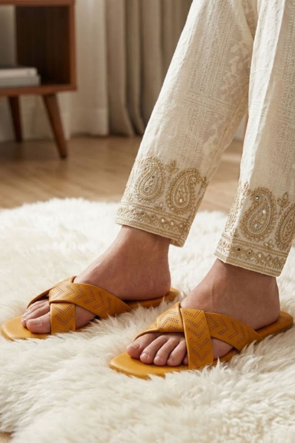 Mustard Synthetic Flats with Cross-Strap Detail Online in Dubai UAE Abudhabi Ajman Sharjah