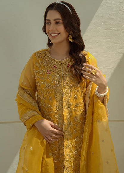 Mustard Tilla Embellished Organza Suit with Raw Silk Trouser Online in Sri Lanka India Australia