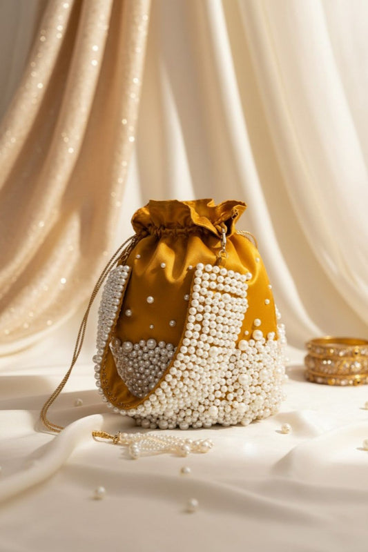 Mustard Velvet Pearl Embellished Potli Bag Online in Dubai UAE Abudhabi Ajman Sharjah