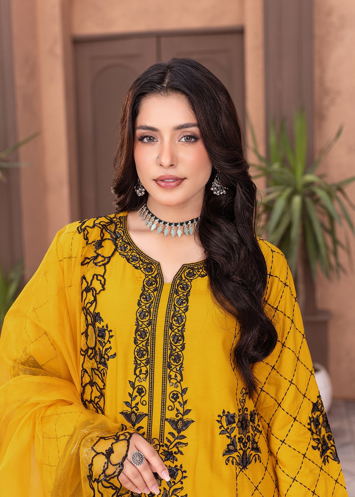 Mustard Viscose Embroidered Salwar Kameez Online in KSA Riyadh Saudi Arabia Oman Bahrain Qatar