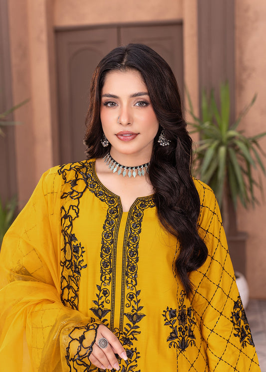 Mustard Viscose Embroidered Salwar Kameez Online in KSA Riyadh Saudi Arabia Oman Bahrain Qatar