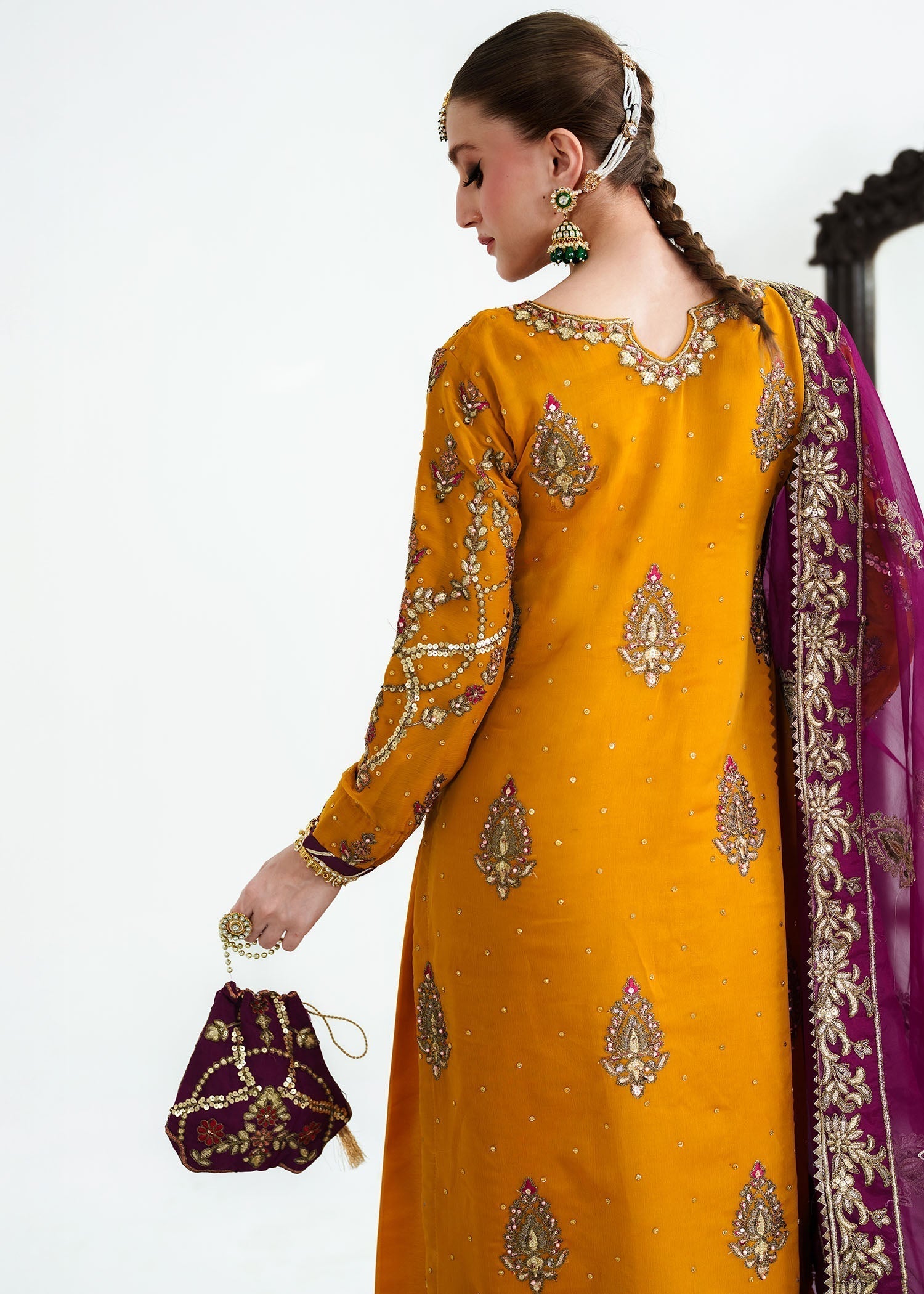 Mustard Yellow Chiffon Pakistani Suit with Plum Dupatta Online in UK USA Canada