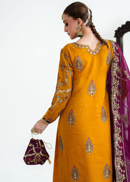 Mustard Yellow Chiffon Pakistani Suit with Plum Dupatta Online in UK USA Canada