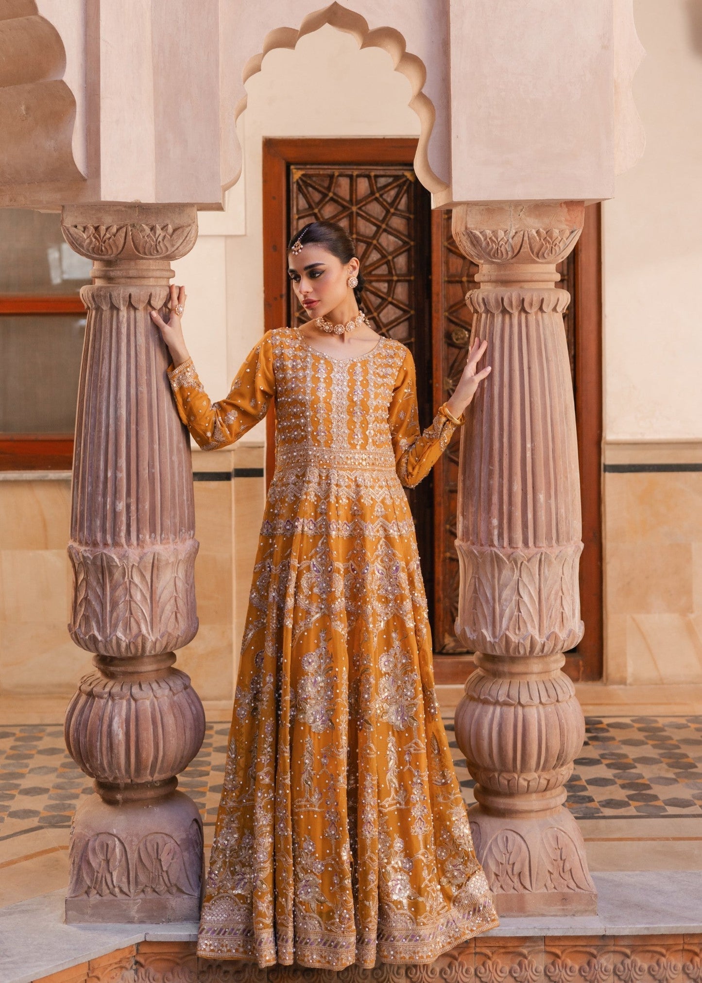 Mustard Yellow Dabka Chiffon Wedding Gown Online in Dubai DXB UAE Abudhabi Meena Bazaar