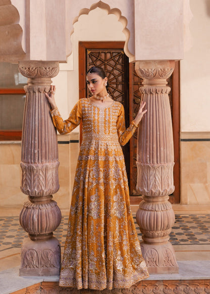 Mustard Yellow Dabka Chiffon Wedding Gown Online in Dubai DXB UAE Abudhabi Meena Bazaar