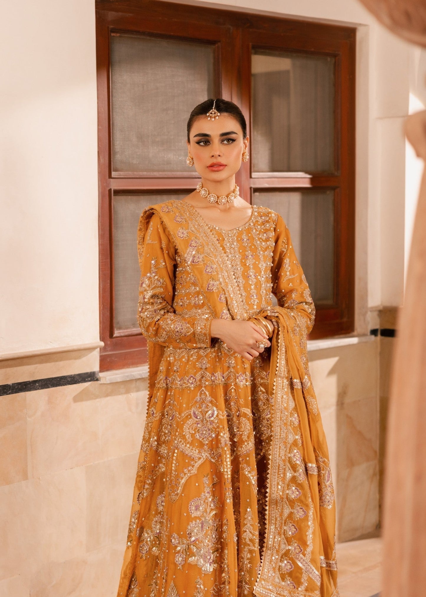 Mustard Yellow Dabka Embroidered Maxi Gown Online in Sri Lanka India Australia