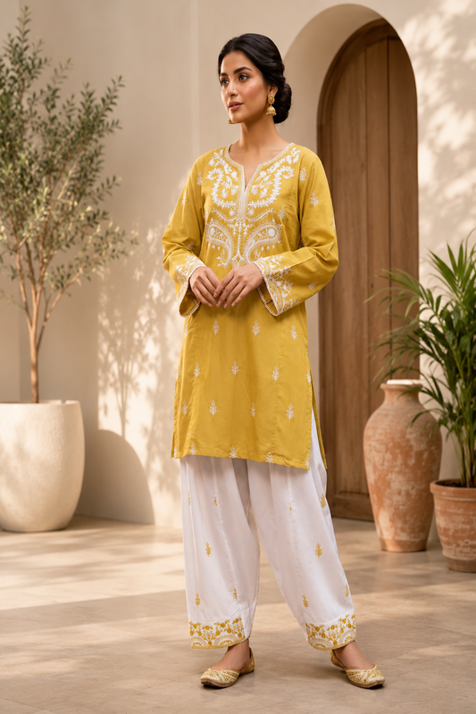 Mustard Yellow Embroidered Cotton Farshi Shalwar Suit Online in Dubai UAE Abudhabi Ajman Sharjah