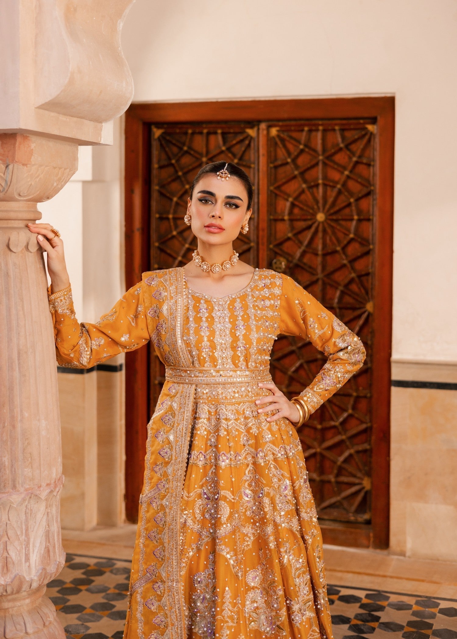 Mustard Yellow Pearl Work Chiffon Maxi Dress Online in KSA Riyadh Saudi Arabia Oman Bahrain Qatar