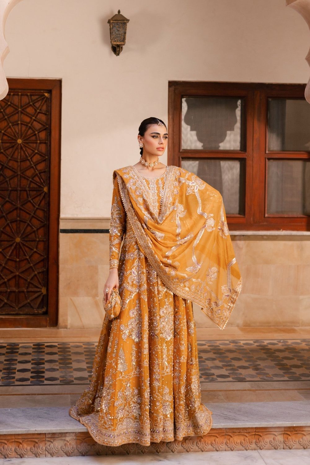Mustard Yellow Zari Zardozi Chiffon Maxi Dress Online in Dubai UAE Abudhabi Ajman Sharjah