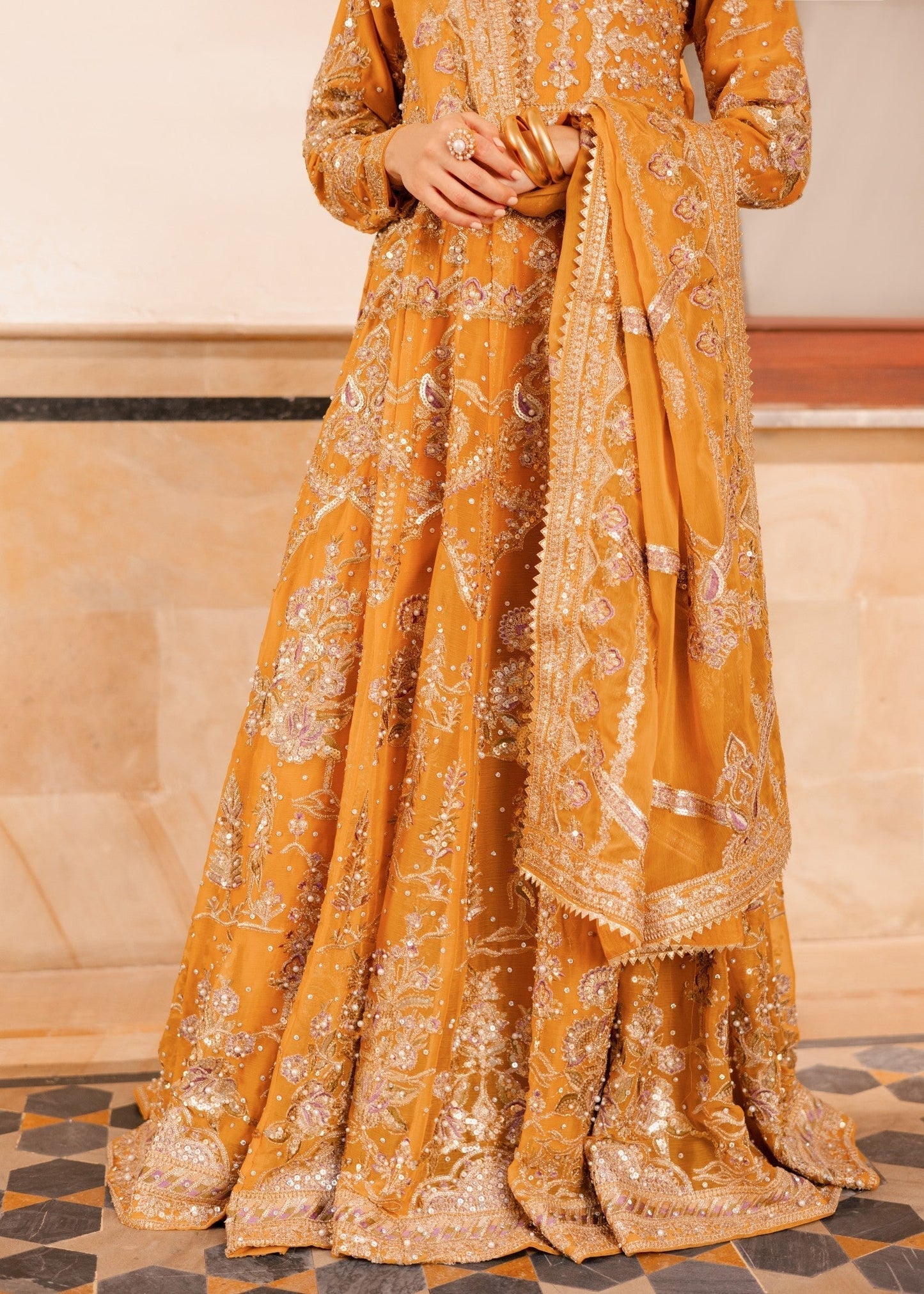 Mustard Zardozi Chiffon Partywear Gown Online in Dubai DXB UAE Abudhabi Meena Bazaar