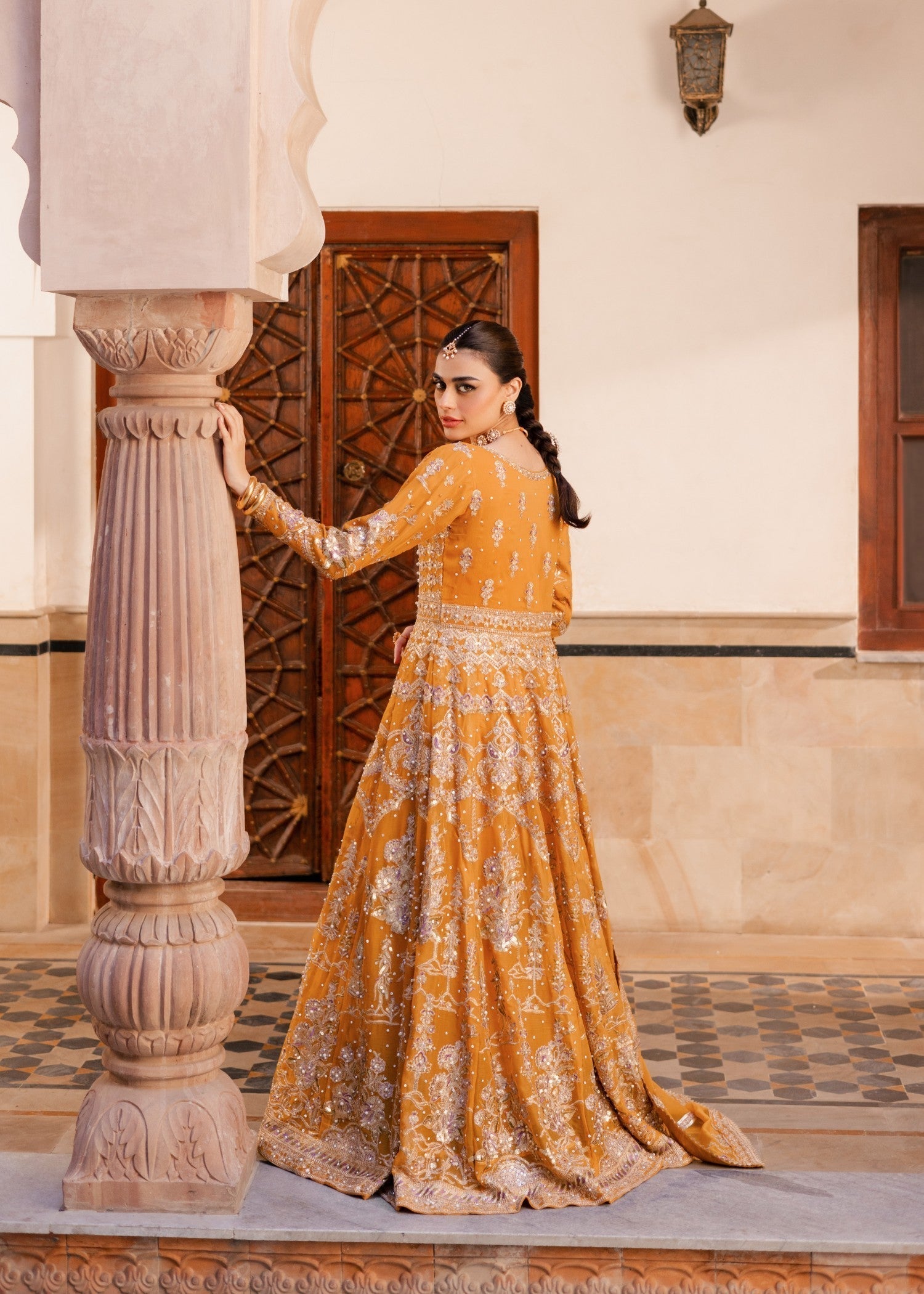 Mustard Zari Embroidered Chiffon Formal Maxi Online in Sri Lanka India Australia