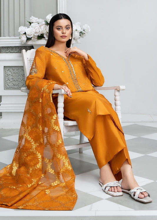 Mustard Zari Organza Dupatta Pakistani Designer Suit Online in KSA Riyadh Saudi Arabia Oman Bahrain Qatar