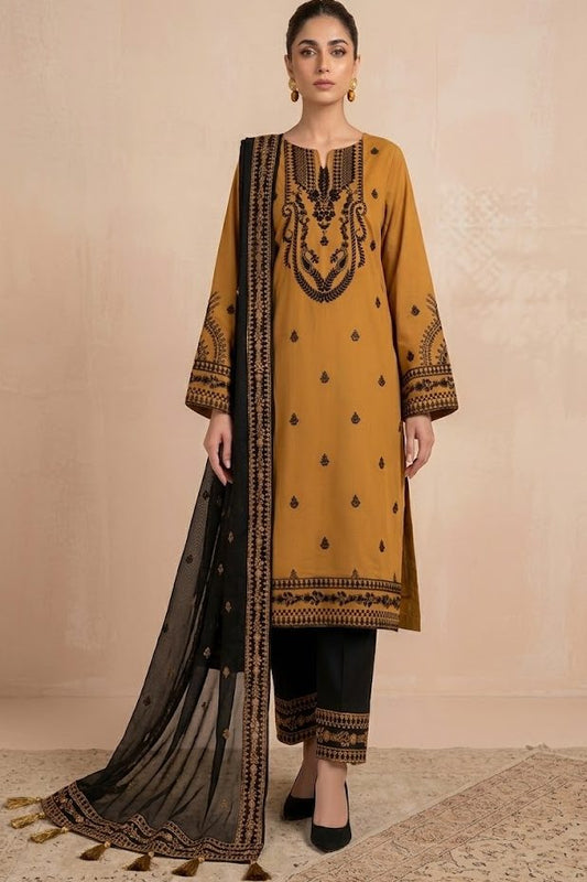 Mustard & Black Sequins Embroidered Lawn Suit with Pearl Work