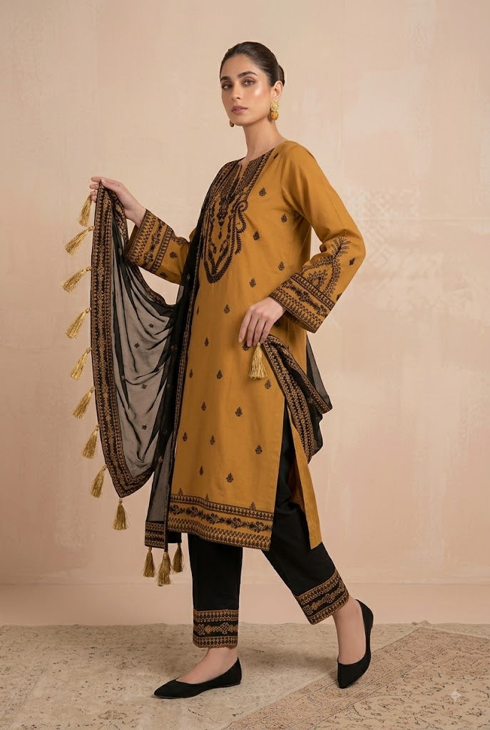 Mustard & Black Sequins Embroidered Lawn Suit with Pearl Work