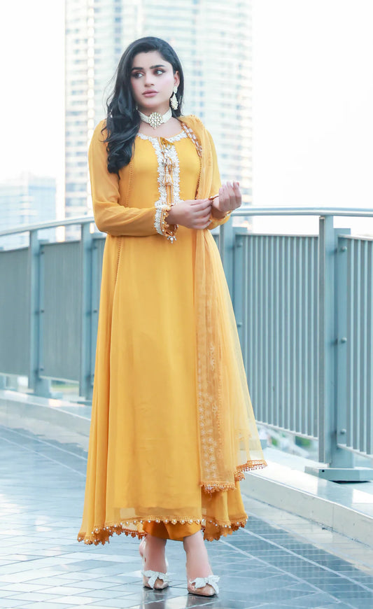 Hand Embroidered Mustard Pure Chiffon Suit