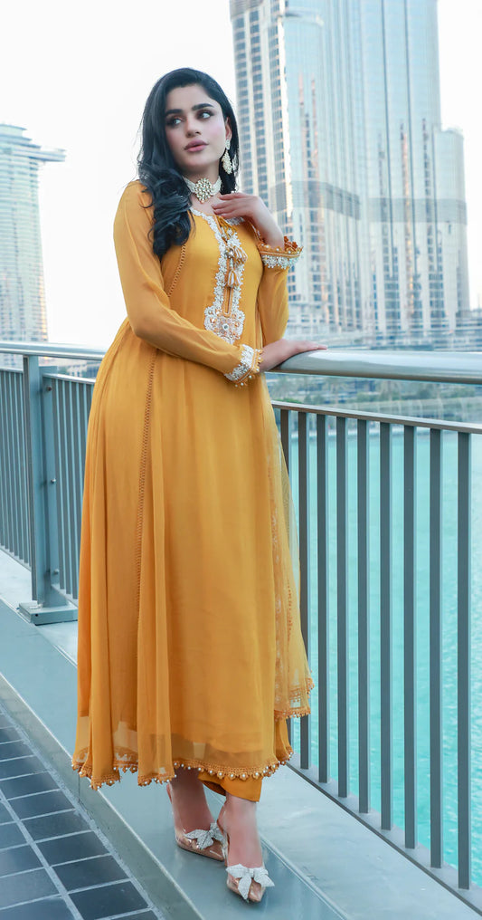 Hand Embroidered Mustard Pure Chiffon Suit