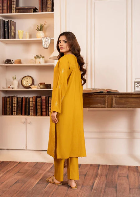 Mustard Embroidered Cotton Kurta Set