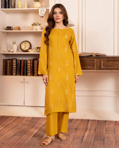 Mustard Embroidered Cotton Kurta Set