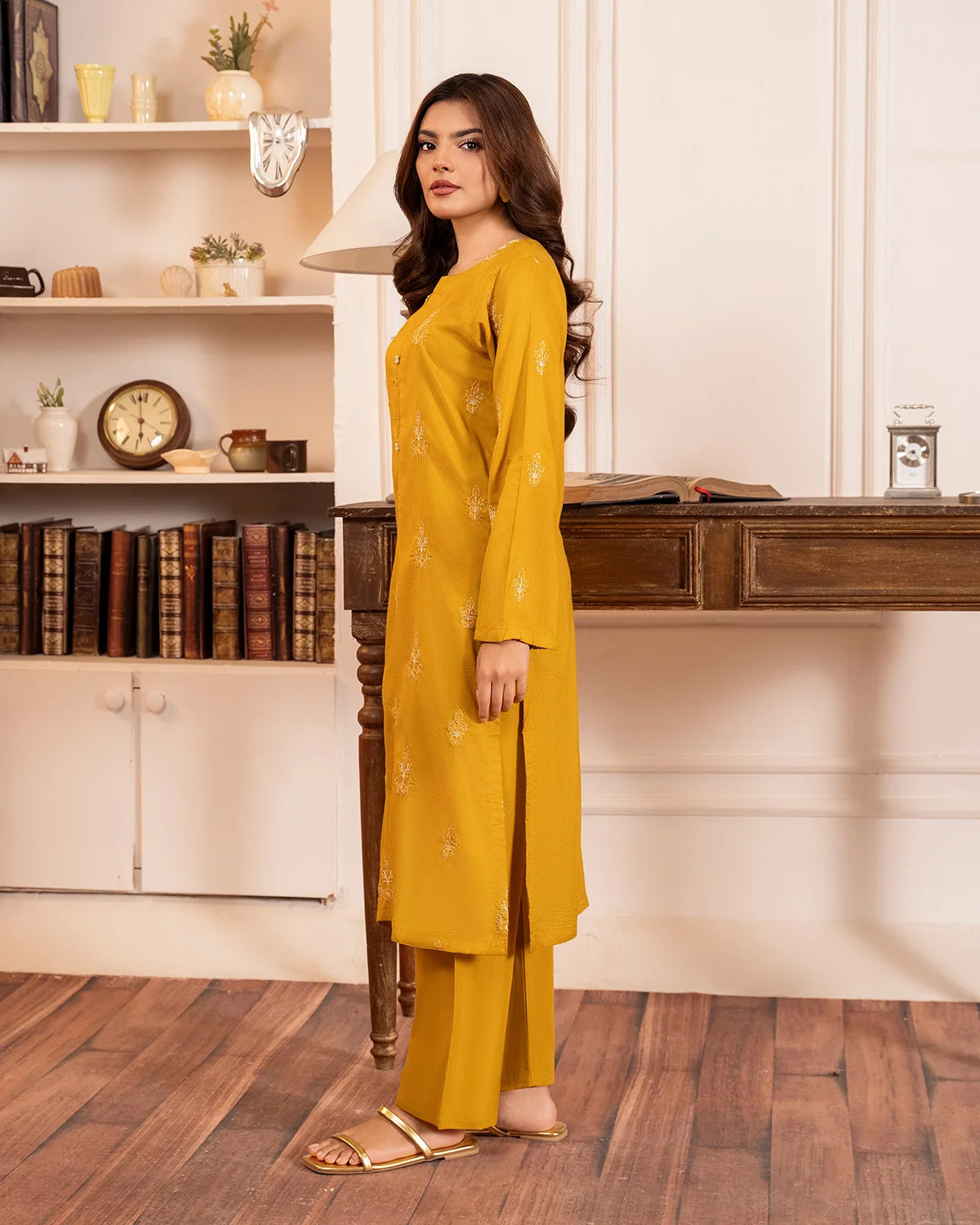 Mustard Embroidered Cotton Kurta Set