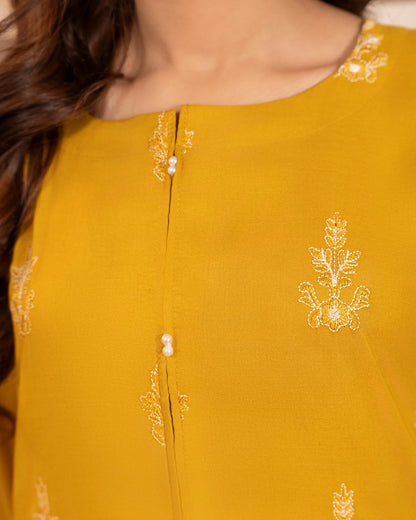 Mustard Embroidered Cotton Kurta Set