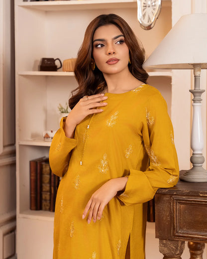 Mustard Embroidered Cotton Kurta Set