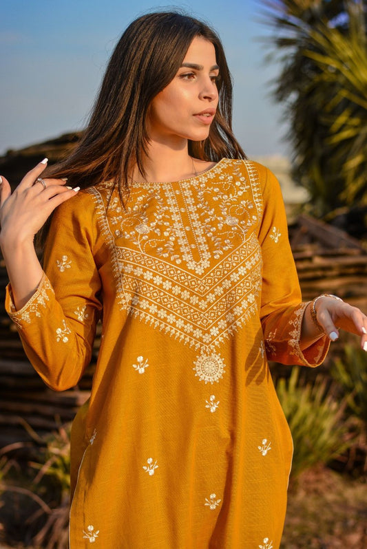 Mustard Embroidered Cotton Kurta