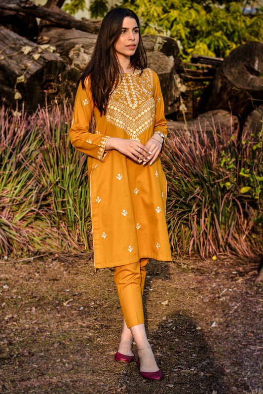 Mustard Embroidered Cotton Kurta