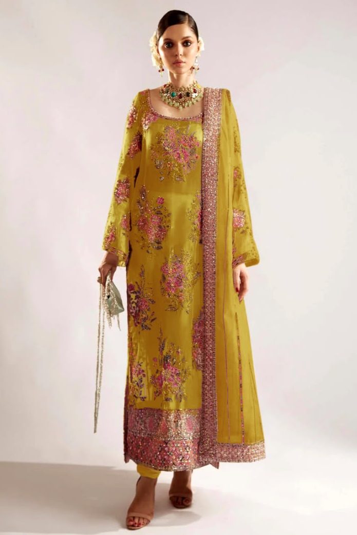 Mustard Hand Embellished Organza Suit