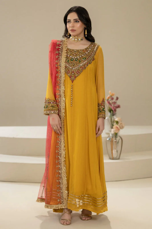 Hand Embroidered Mustard Pure Chiffon Suit Size 44