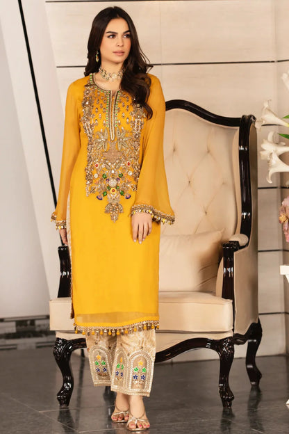 Mustard Handmade Pure Chiffon Suit