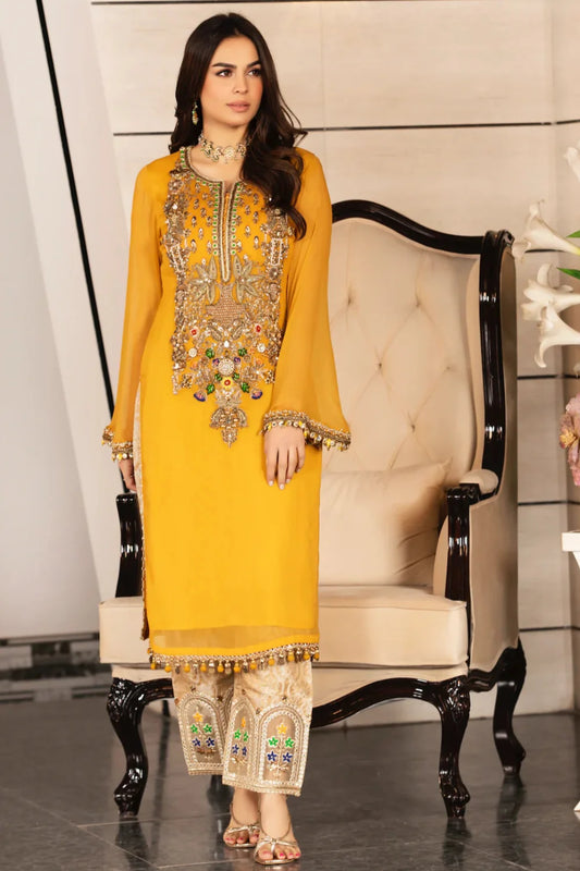 Mustard Handmade Pure Chiffon Suit
