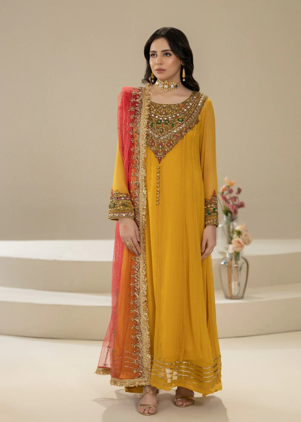 Hand Embroidered Mustard Pure Chiffon Suit Size 44