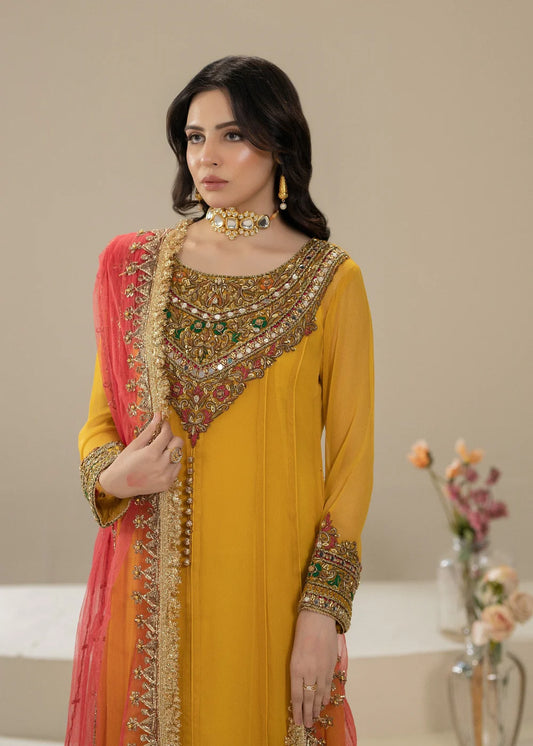 Hand Embroidered Mustard Pure Chiffon Suit