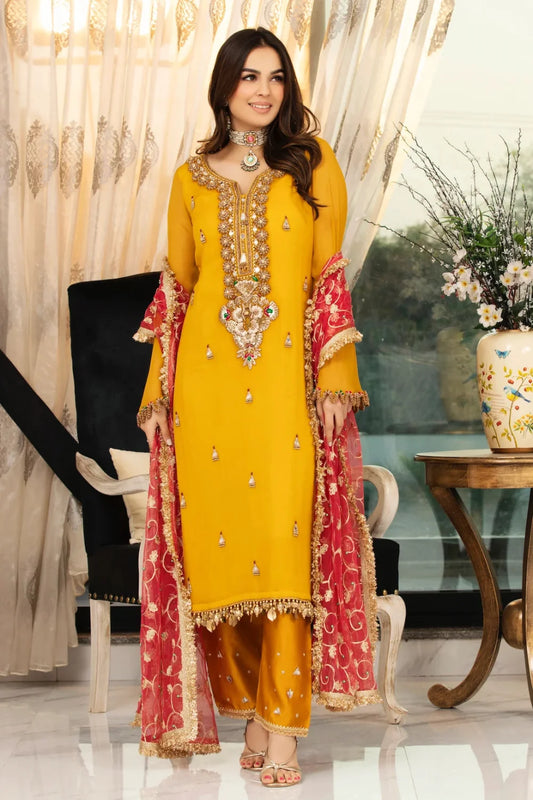 Mustard Mandmade Pure Chiffon Suit