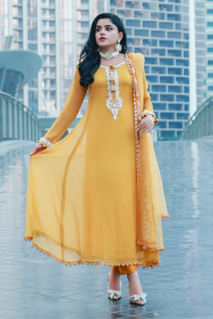 Hand Embroidered Mustard Pure Chiffon Suit