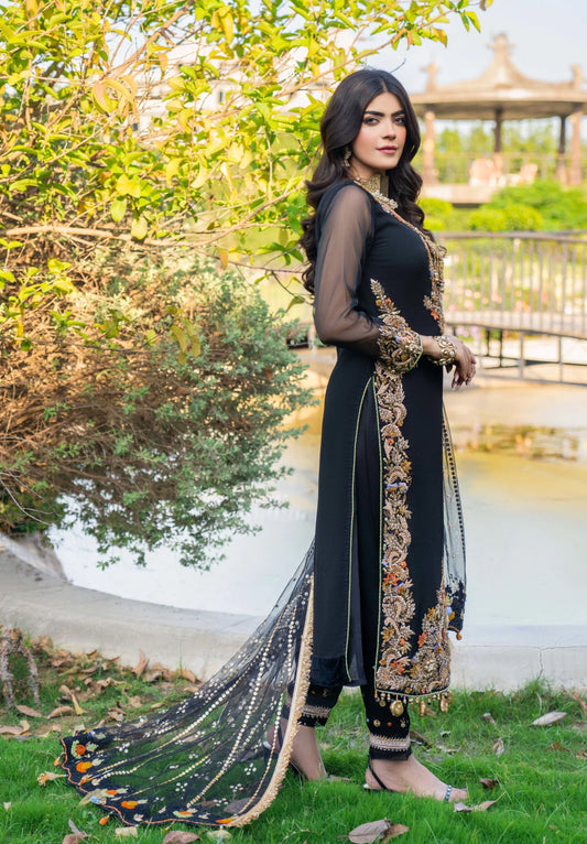 Hand Embroidered Black Pure Chiffon Suit Size Large
