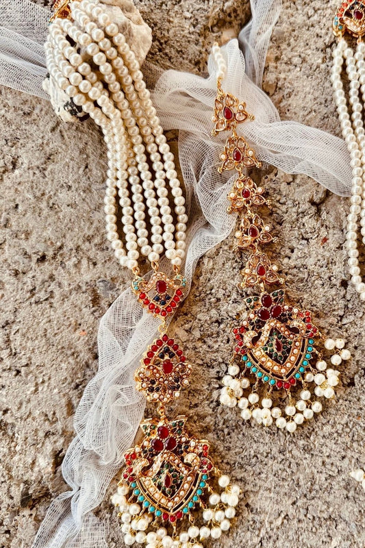 Nauratan Dazzle Multicolor Stone Earrings Tikka Set Online in Dubai UAE Abudhabi Ajman Sharjah