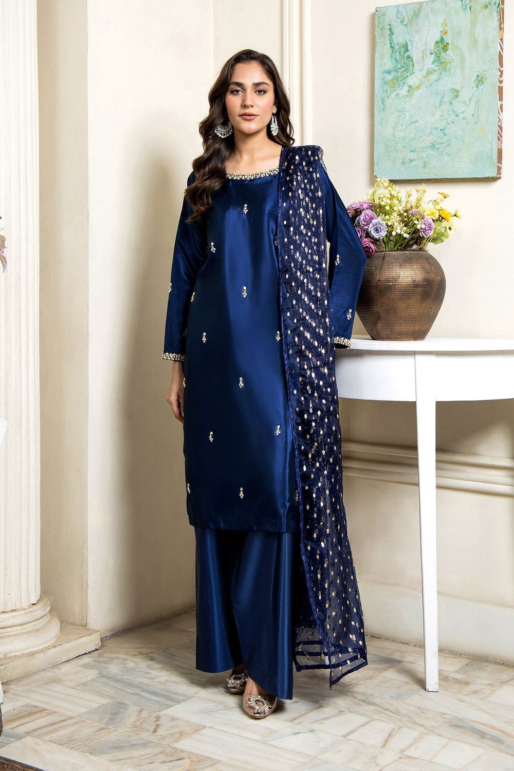 Navy Blue Adda Work Kattan Silk Kurta Set Online in Dubai UAE Abudhabi Ajman Sharjah