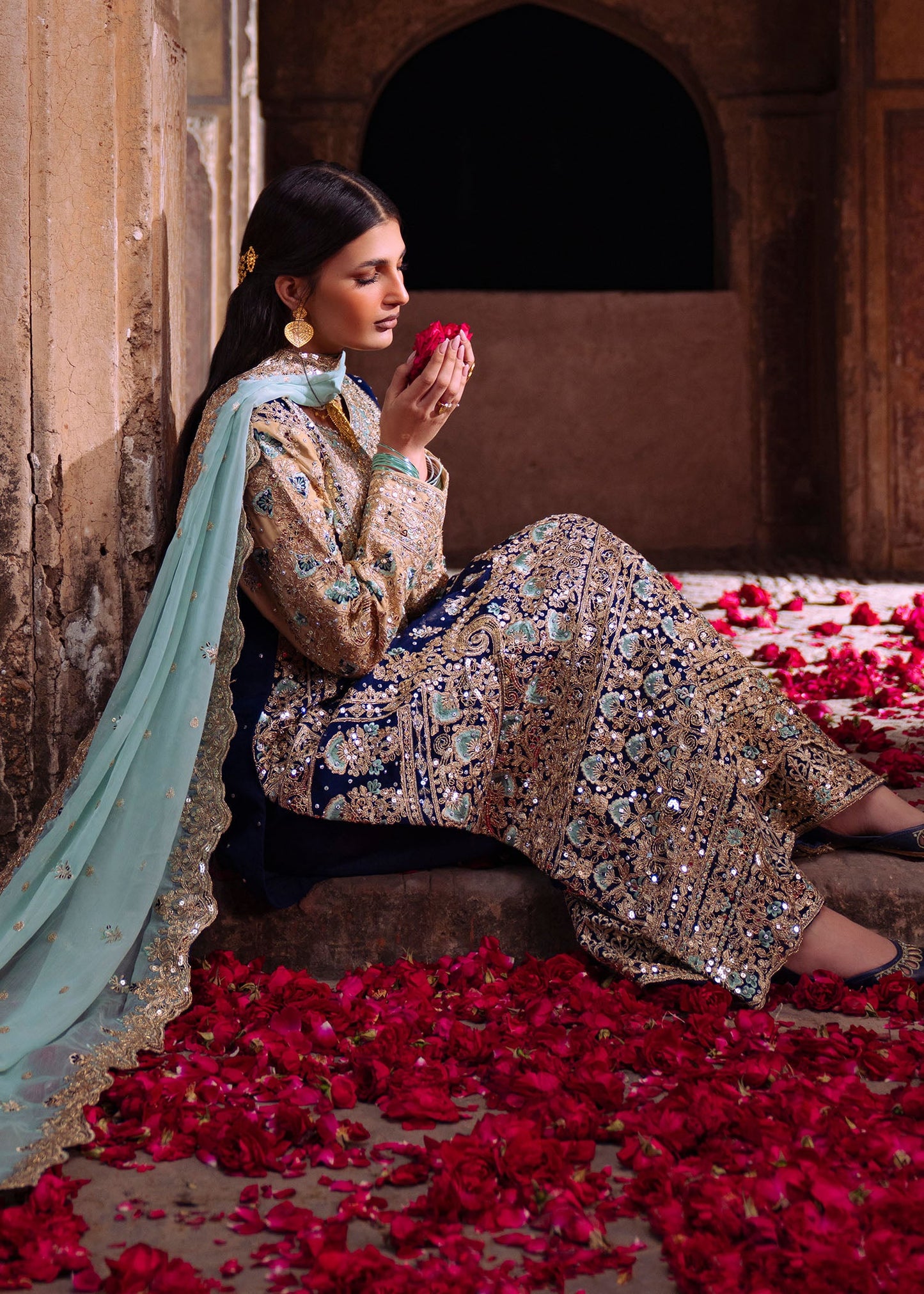 Navy Blue Antique Silver Embroidered Chiffon Ensemble Online in Dubai DXB UAE Abudhabi Meena Bazaar
