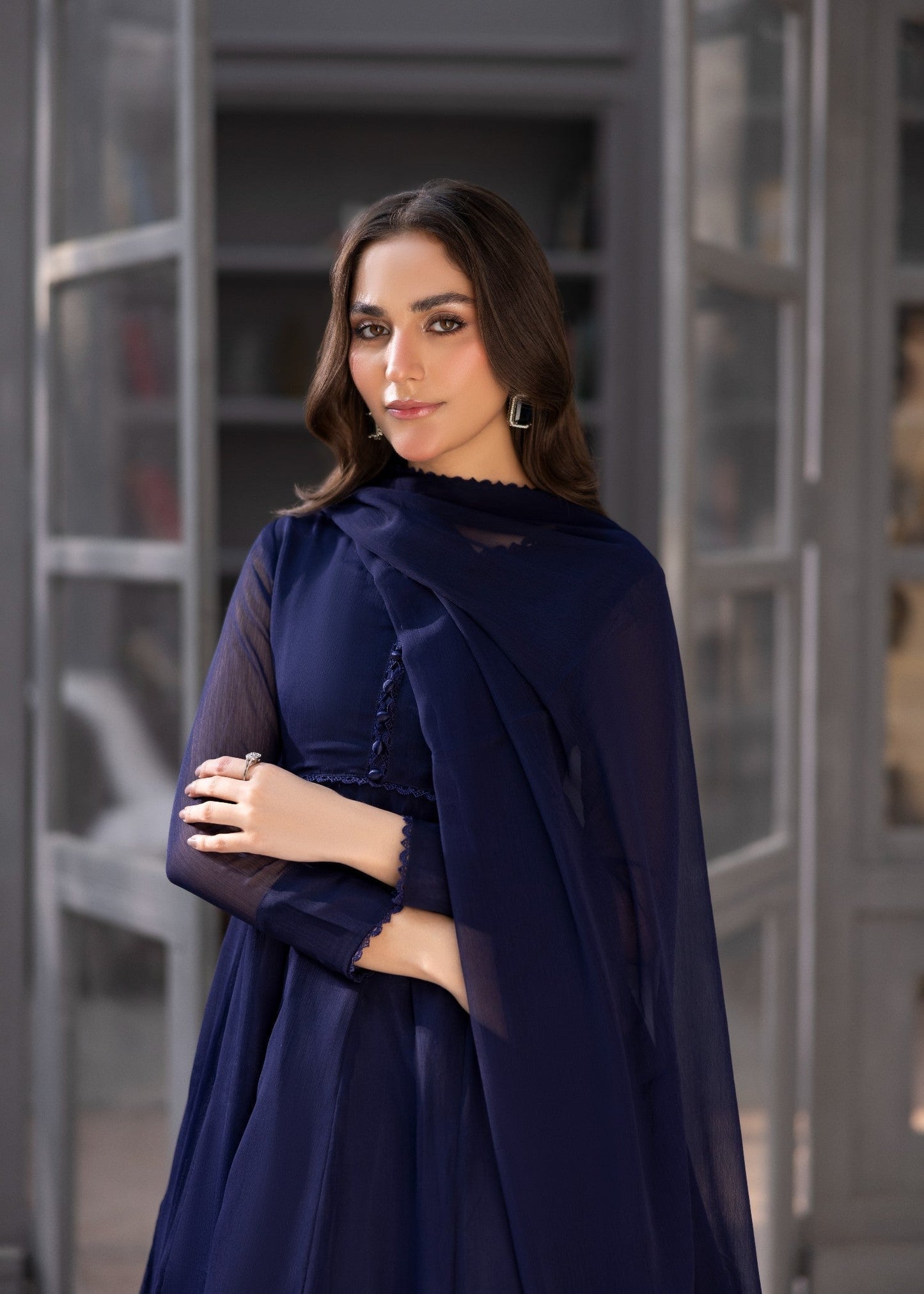 Navy Blue Chiffon Designer Suit Online in Dubai UAE Abudhabi Ajman Sharjah