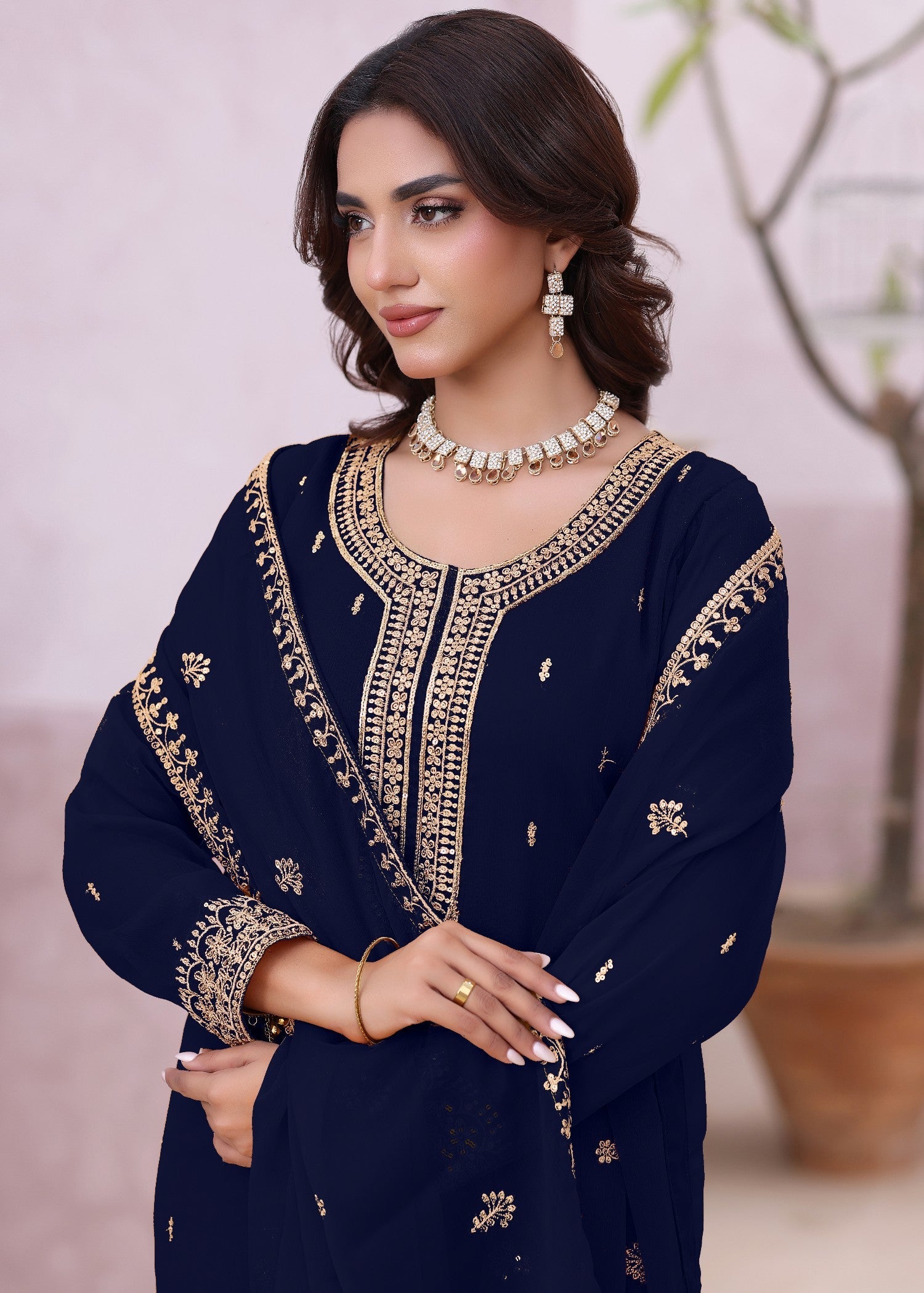 Navy Blue Chiffon Embroidered Kurta Set Online in Sri Lanka India Australia