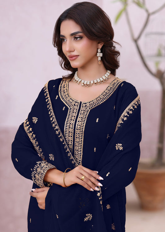 Navy Blue Chiffon Embroidered Kurta Set Online in Sri Lanka India Australia