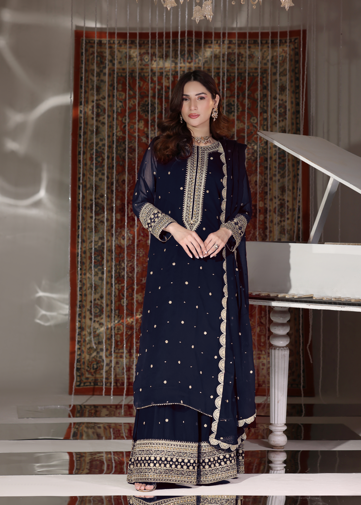 Navy Blue Chiffon Embroidered Lehenga Set Online in Dubai DXB UAE Abudhabi Meena Bazaar