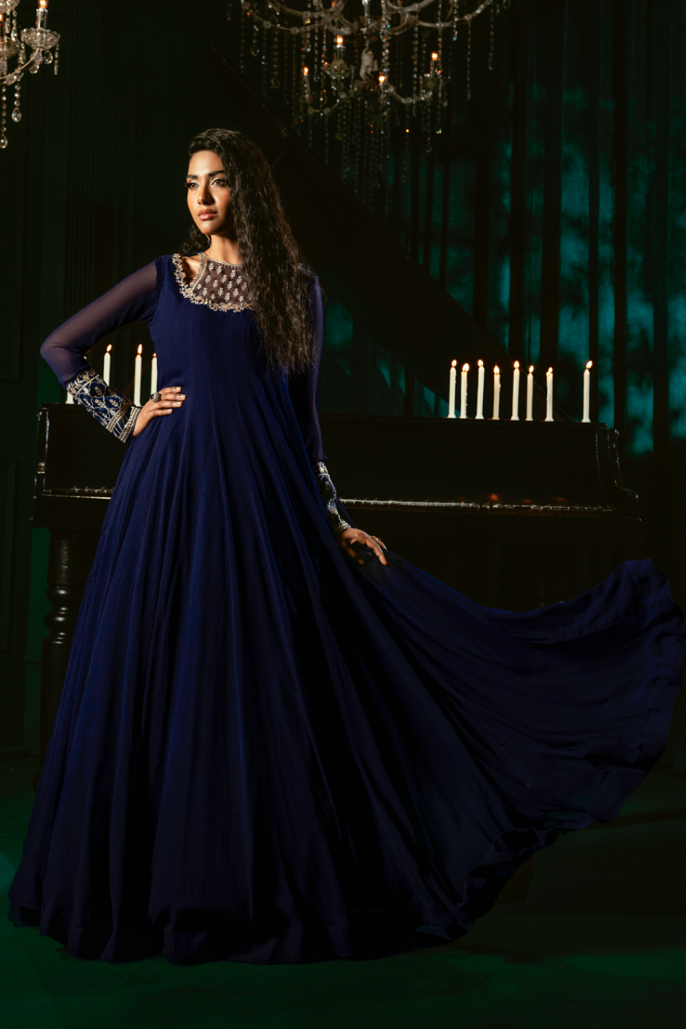 Navy Blue Chiffon Embroidered Pishwas Kurta Set Online in Dubai DXB UAE Abudhabi Meena Bazaar