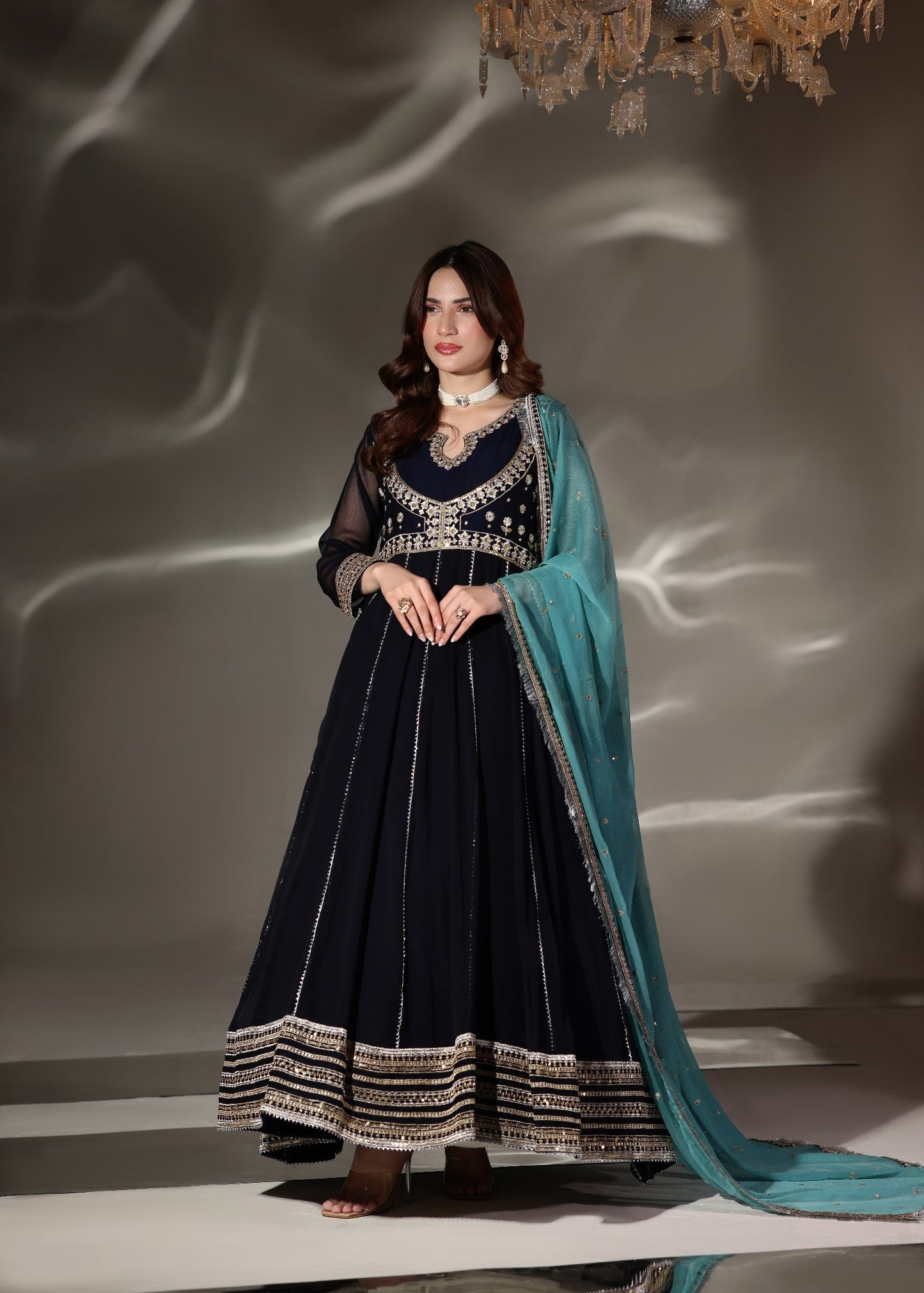 Navy Blue Chiffon Embroidered Pishwas Partywear Online in Dubai DXB UAE Abudhabi Meena Bazaar